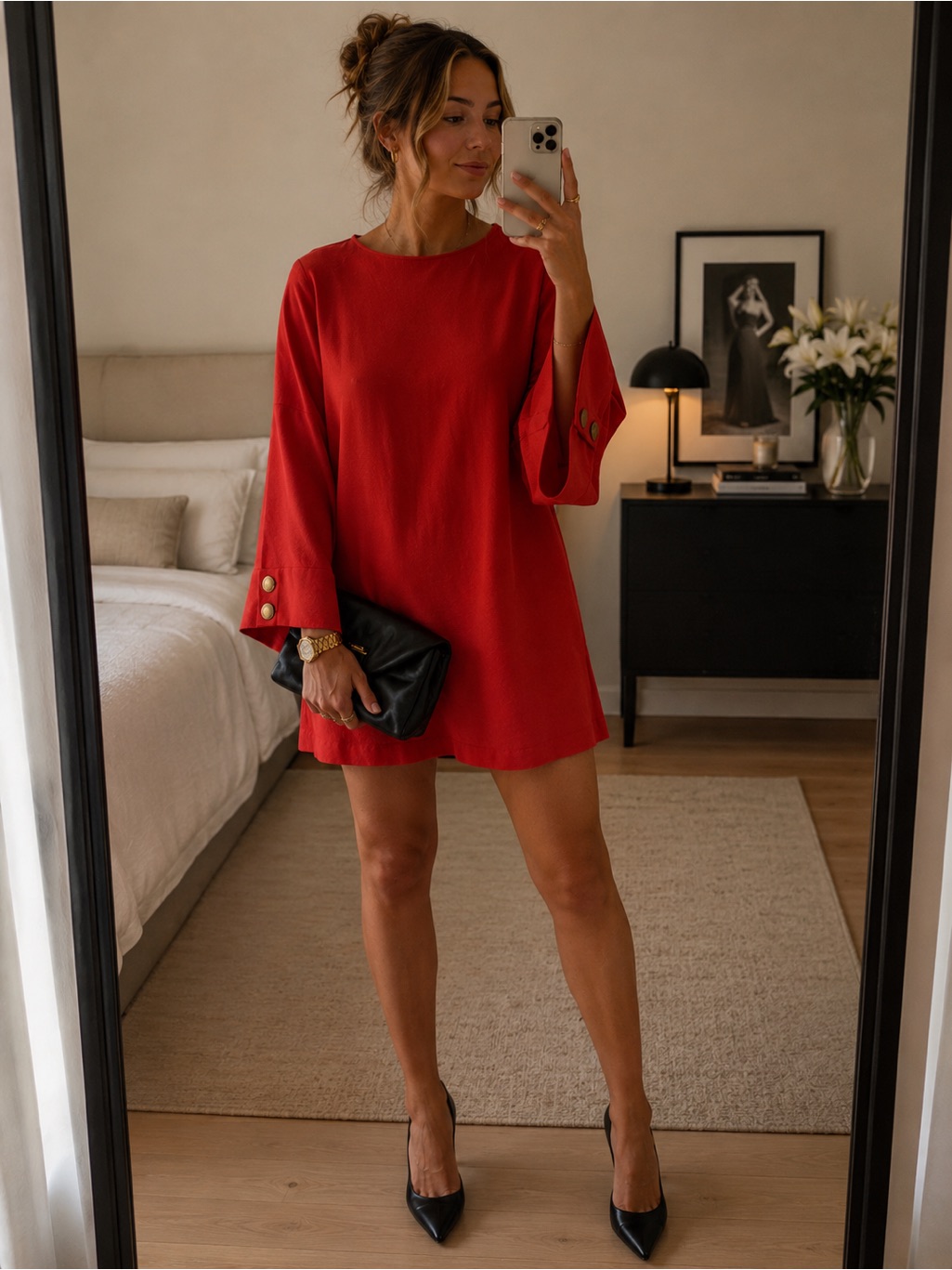 Scapa Lauren Perre Red Bell Sleeve Shift Dress Size L,Gold Buttons